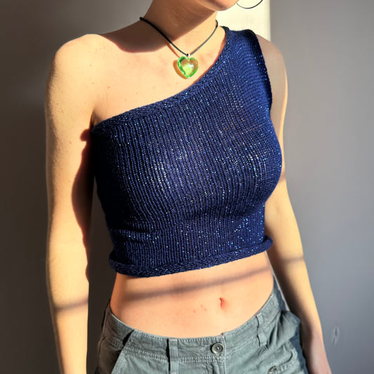 Handmade knitted sparkly dark blue asymmetrical one shoulder top