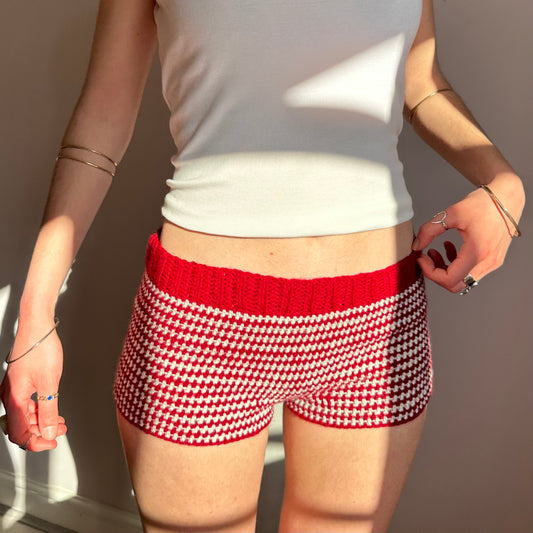 Handmade cream and red striped crochet shorts