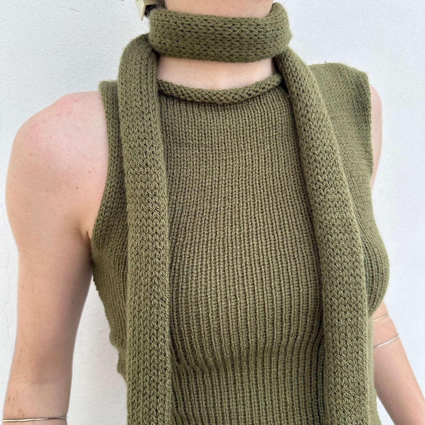 Handmade knitted skinny scarf in khaki green