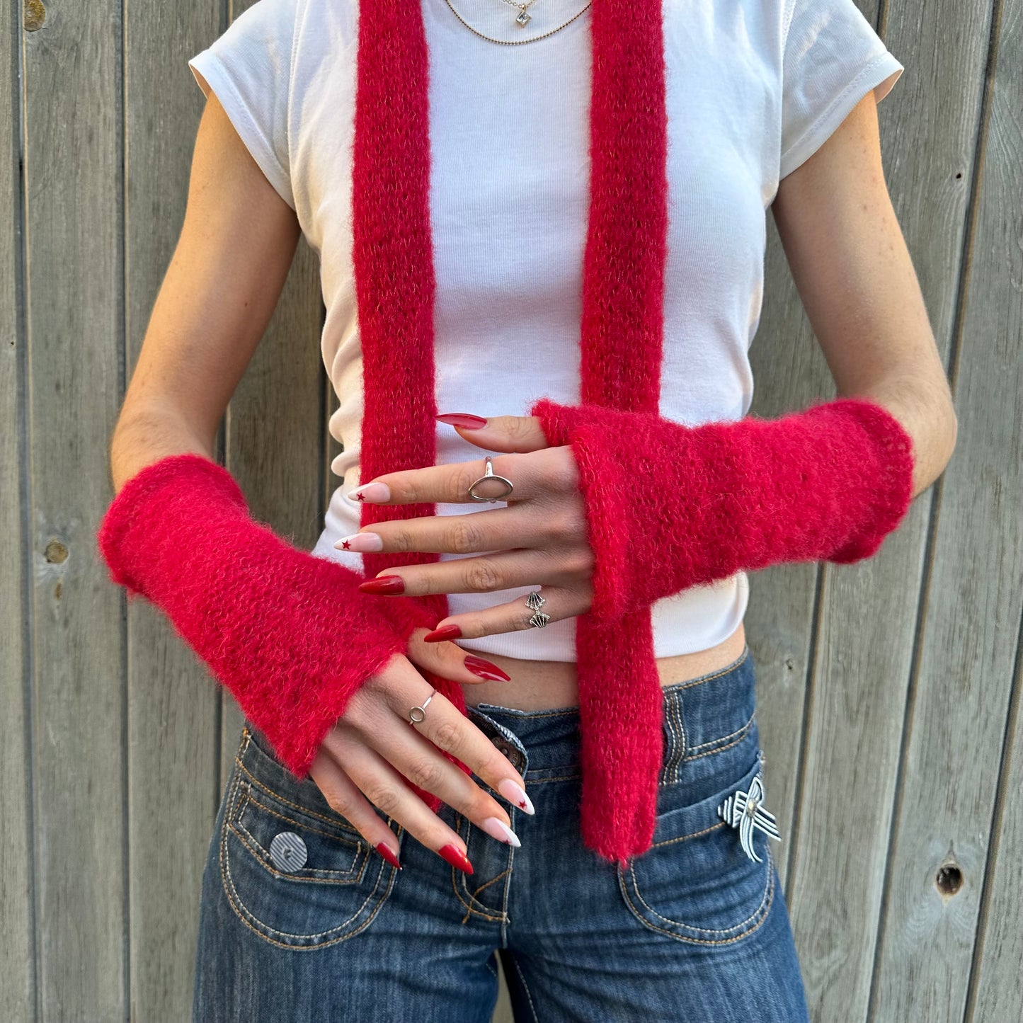 Handmade reversible knitted red mohair hand warmers