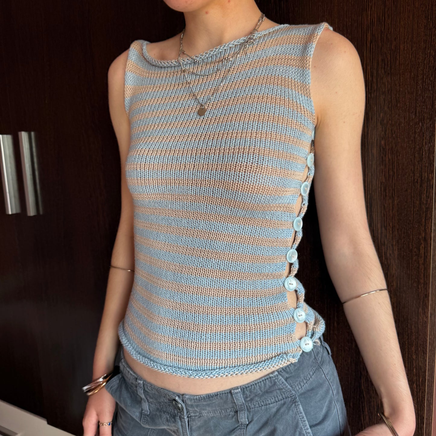 Handmade knitted Pearl Vest - baby blue and beige striped (pre made)