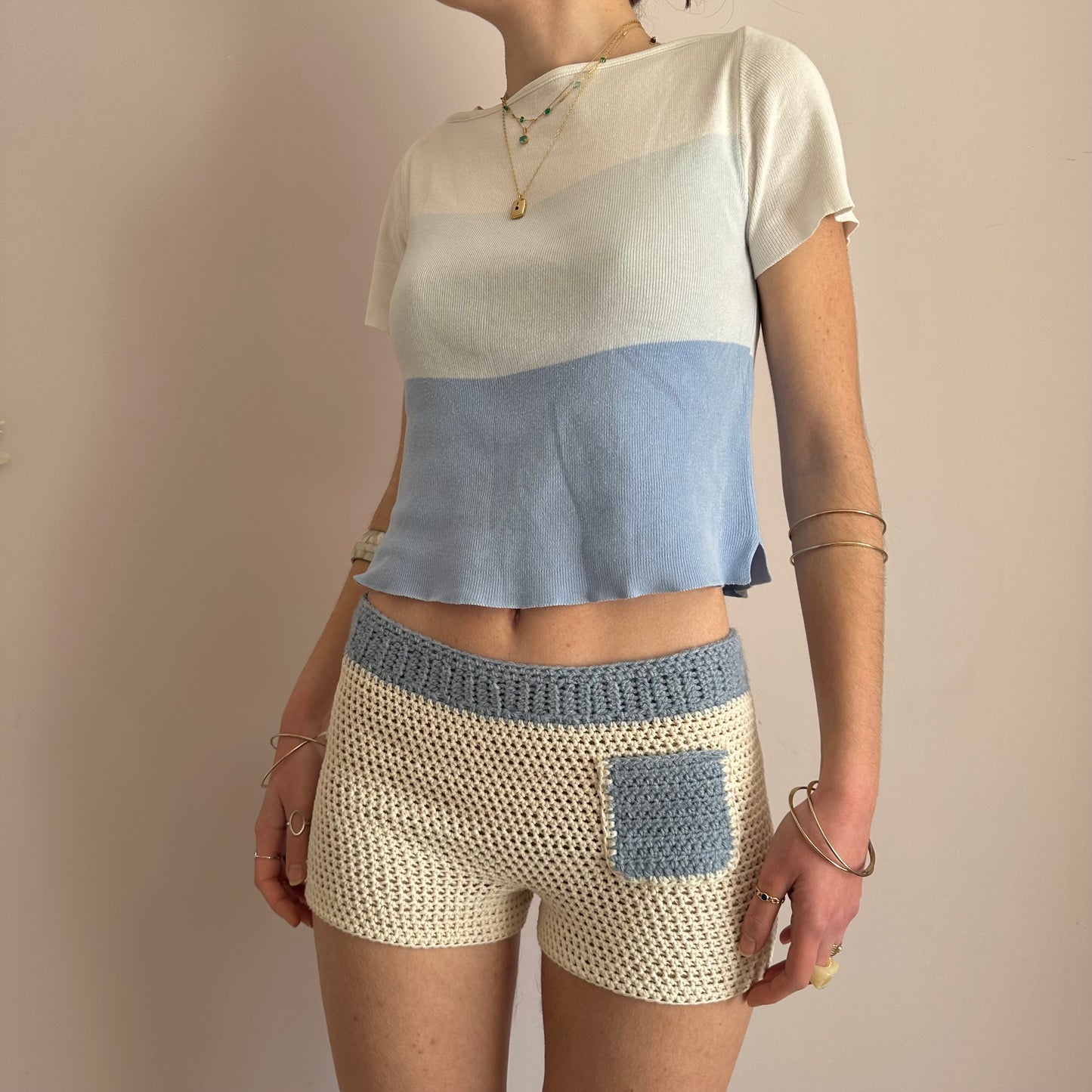 Handmade crochet shorts in cream and baby blue with pocket