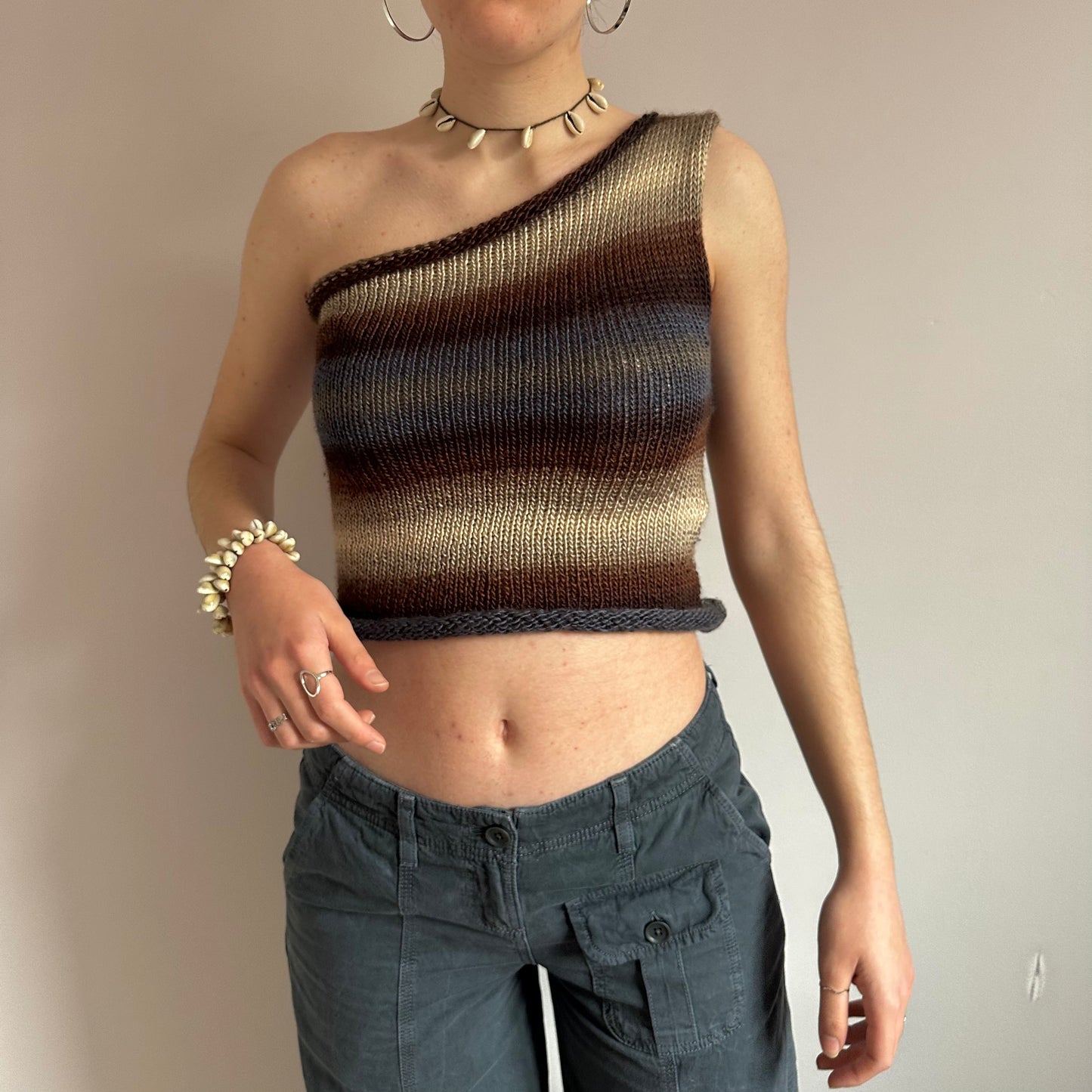 Handmade knitted one shoulder asymmetrical top in Seashell colourway