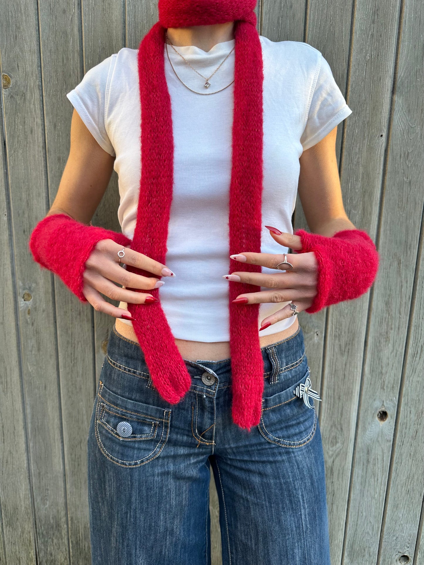 Handmade reversible knitted red mohair hand warmers