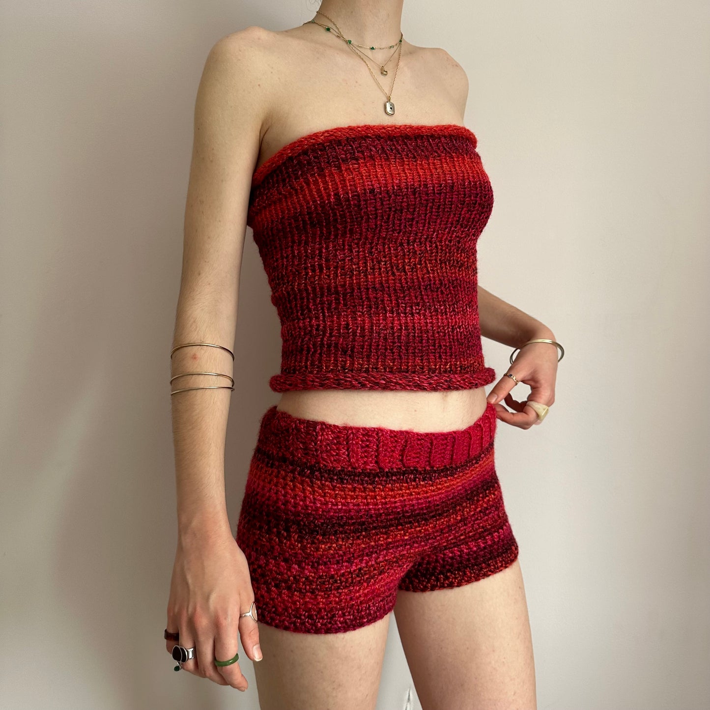 Handmade red ombré striped crochet shorts