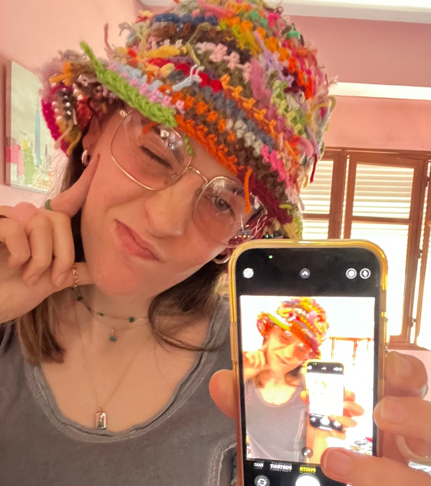 1 of 1 handmade crochet bucket hat made from leftover scraps of yarn