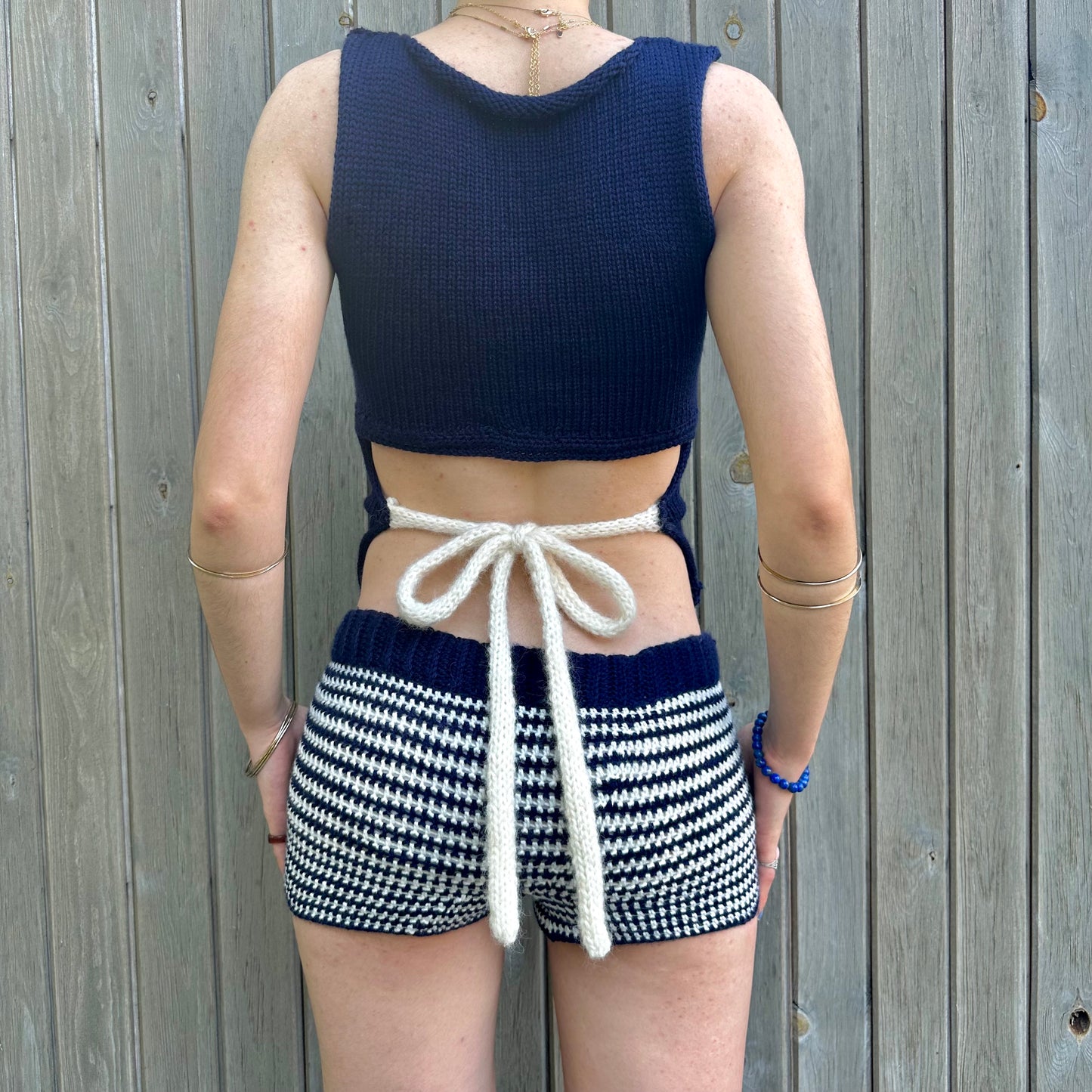 The Blueberry Shorts - navy blue and cream striped crochet shorts