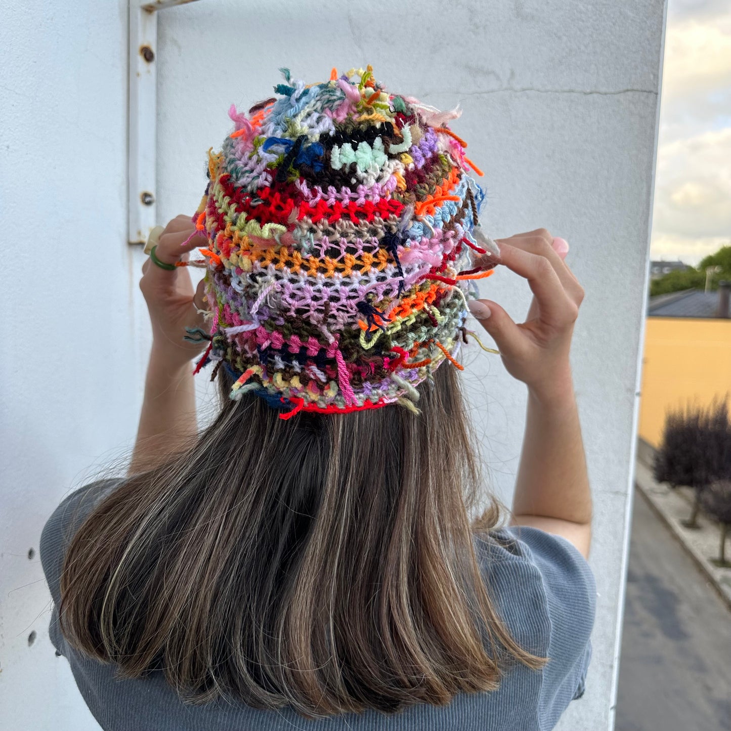 1 of 1 handmade crochet beanie hat made from leftover scraps of yarn