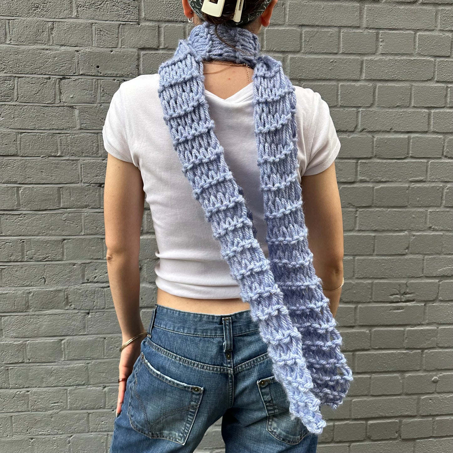 Handmade chunky fishnet knitted scarf in cornflower blue