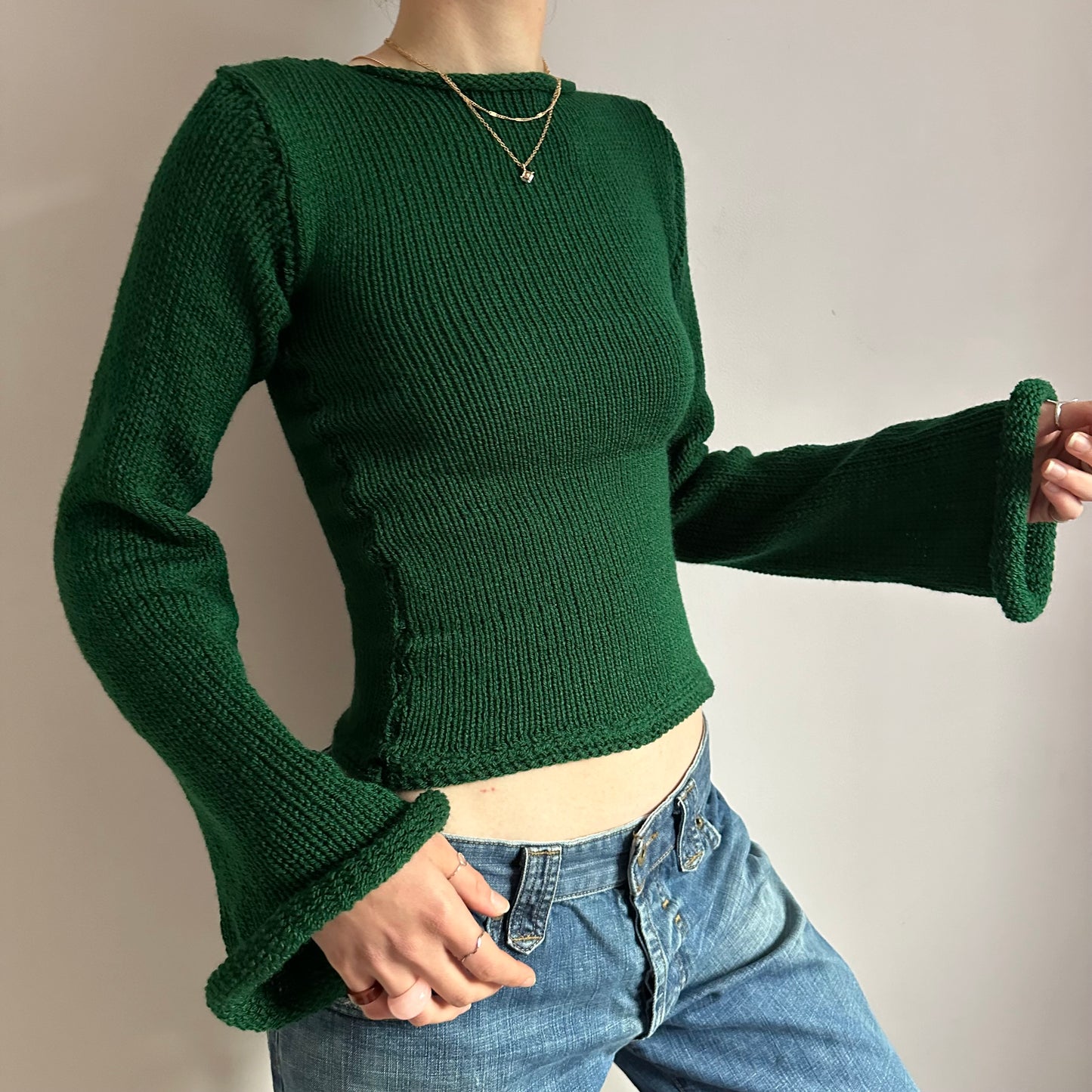 Handmade bottle green bell sleeve knitted jumper