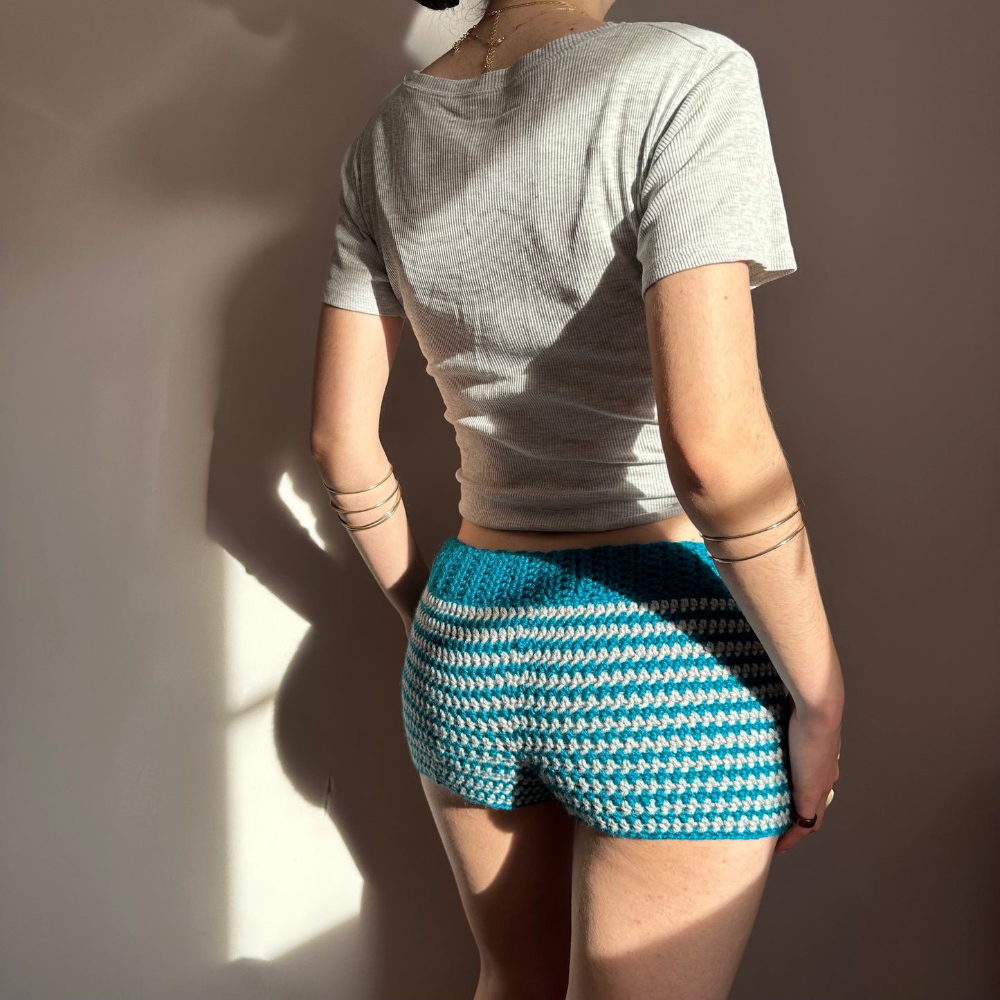 Handmade teal and light grey striped crochet shorts