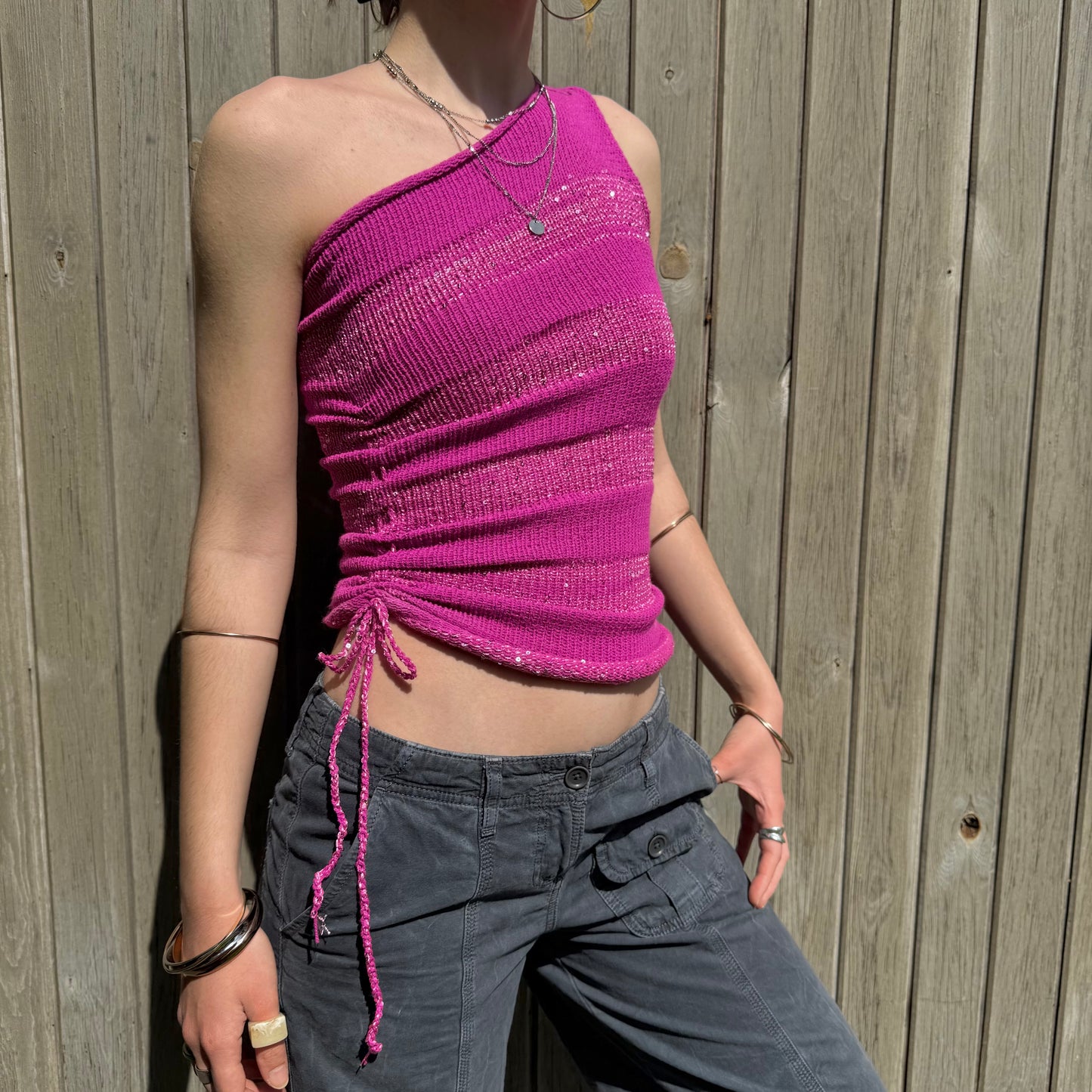Handmade sparkly draped one shoulder knit top in hot pink