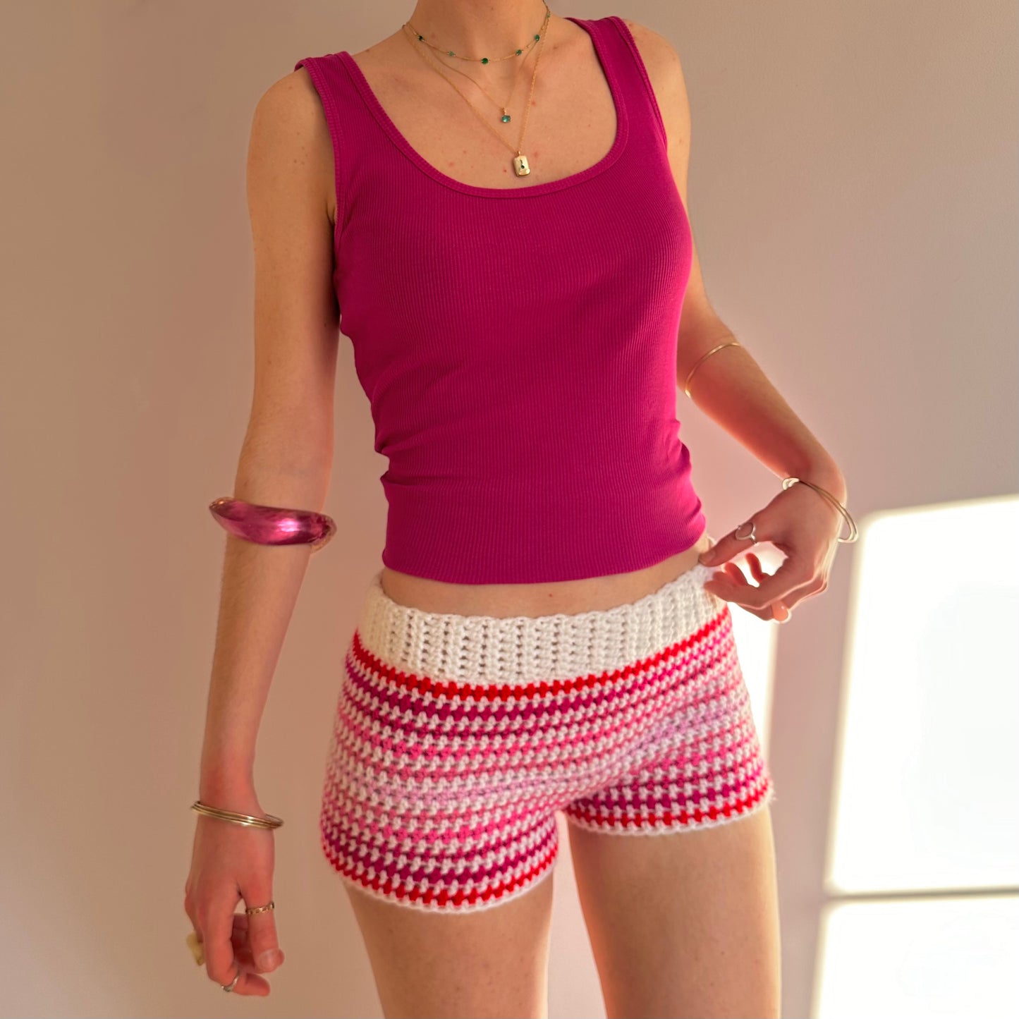 Handmade white and pink ombré striped crochet shorts