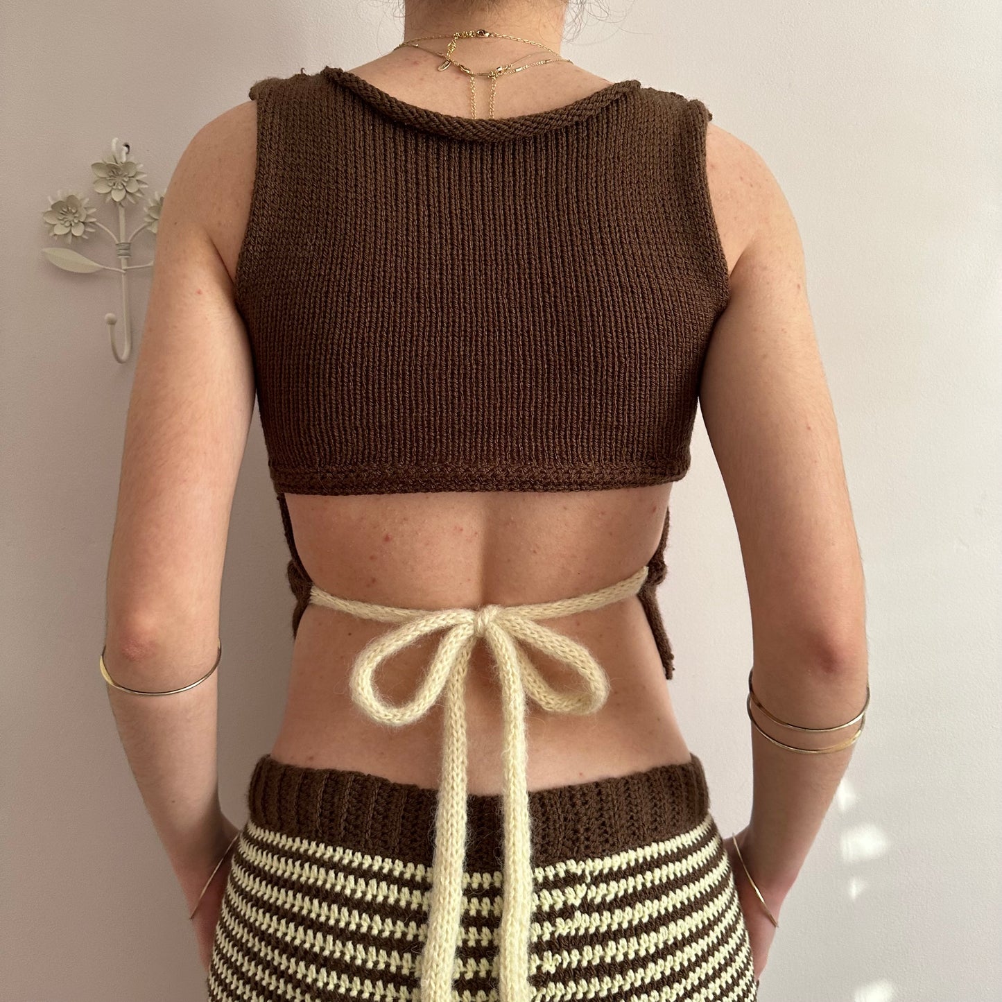 The Sienna Set - matching striped crochet shorts and bow tie up knit vest top