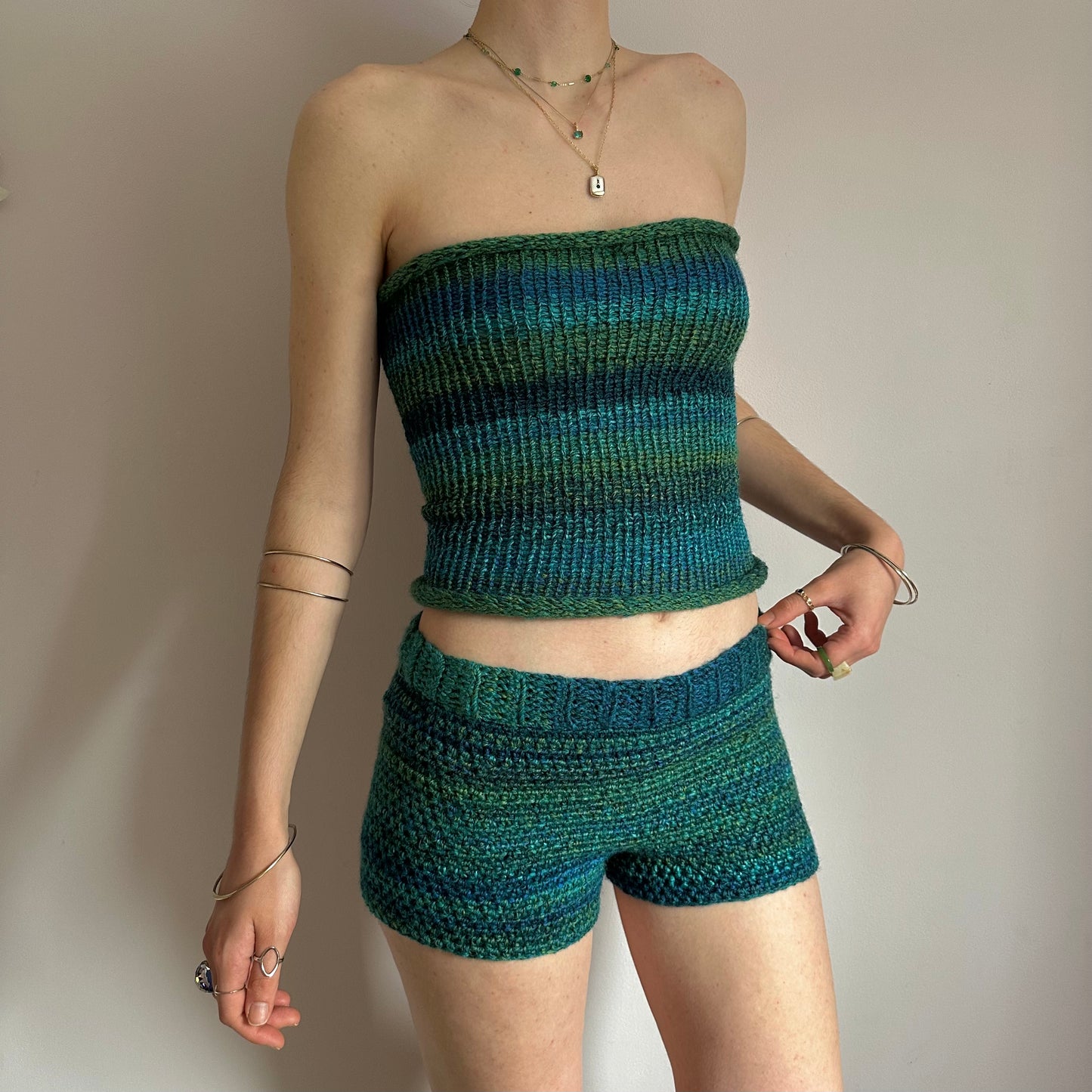 Handmade blue and green ombré striped crochet shorts