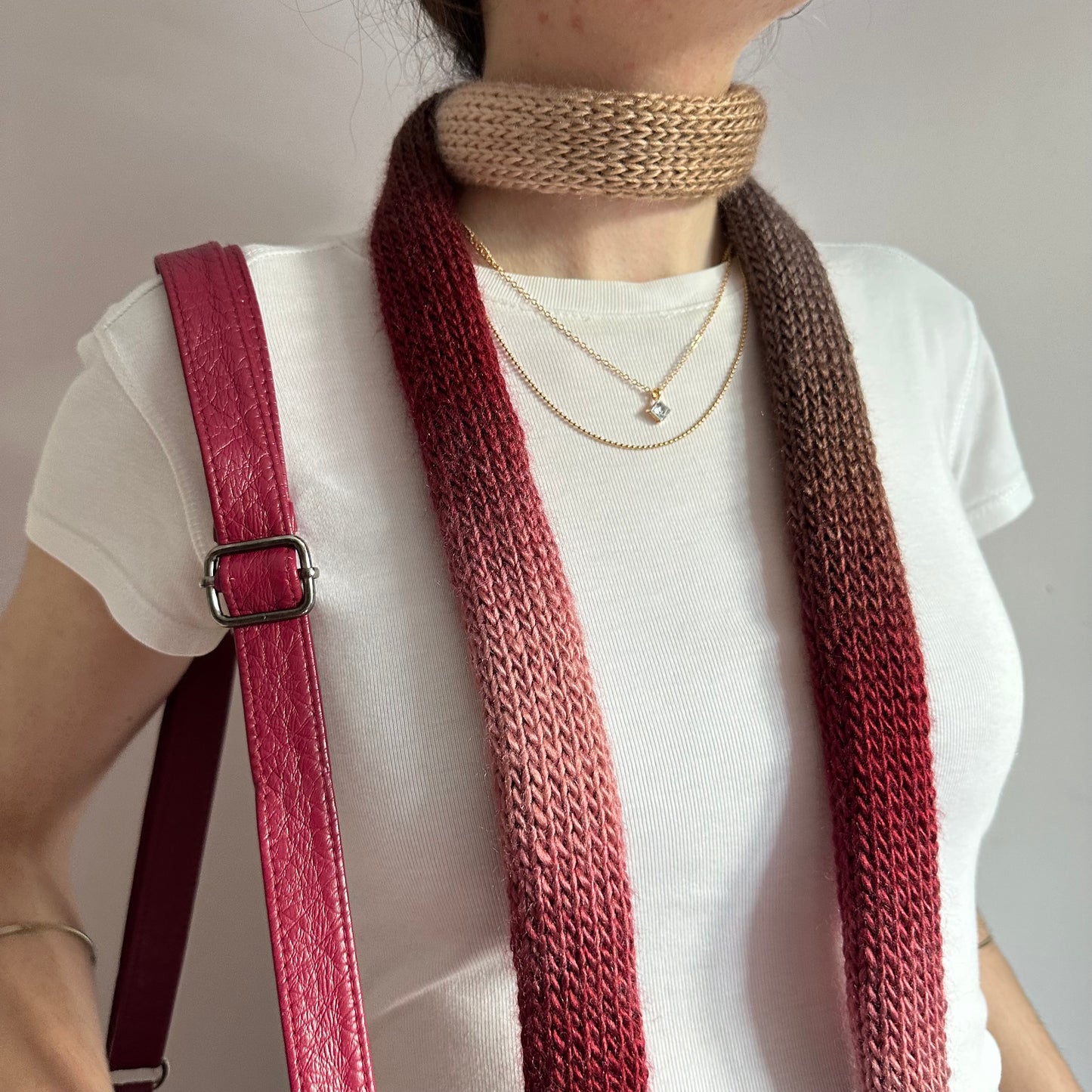 Handmade knitted ombré skinny scarf in burgundy, beige and brown