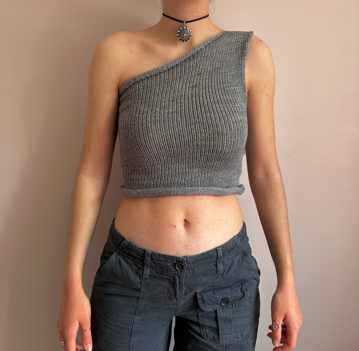 Handmade knitted grey asymmetrical one shoulder top