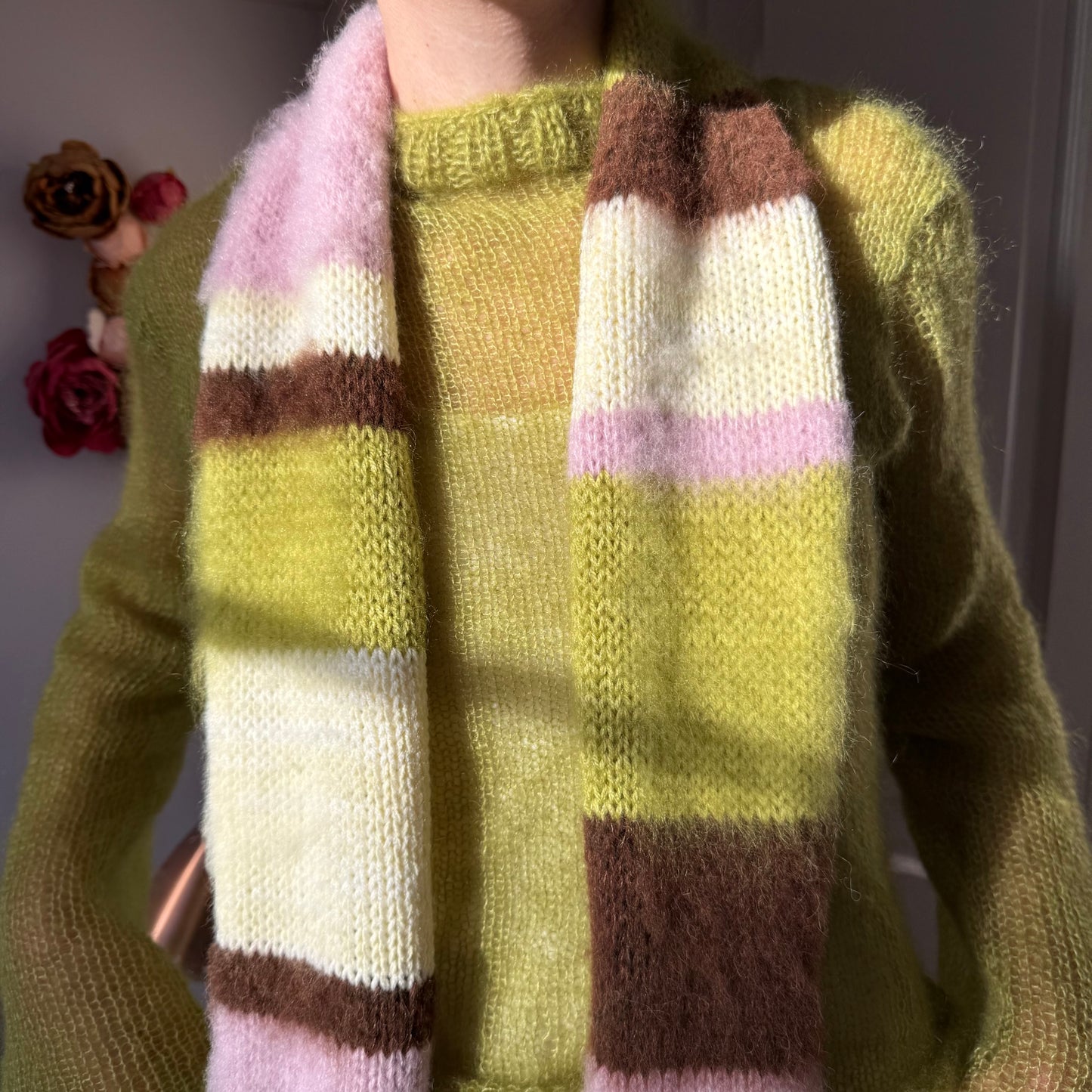 Handmade cream, olive green, brown and baby pink fluffy striped scarf - 1 off piece 🎀