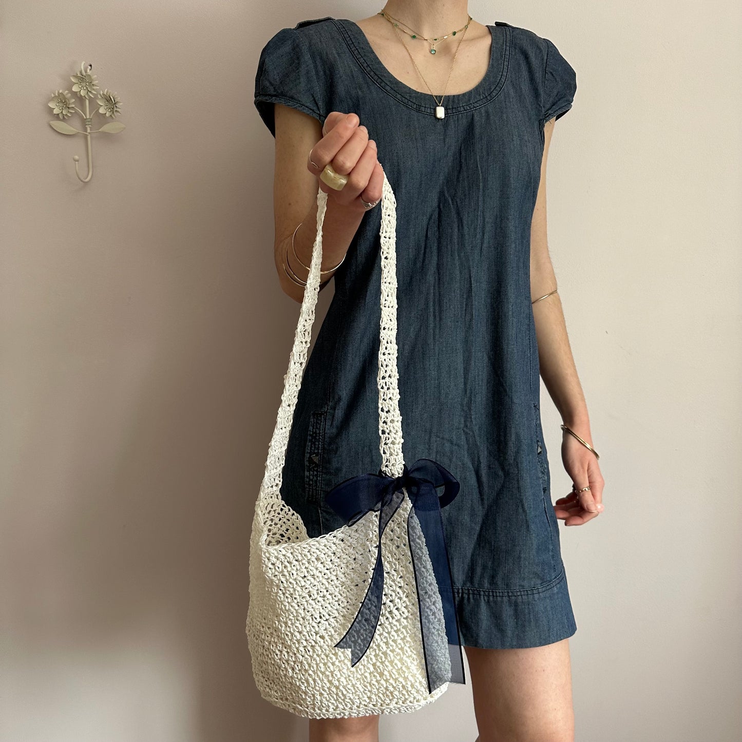 Handmade cream crochet straw bag with navy blue bow - can also be worn crossbody