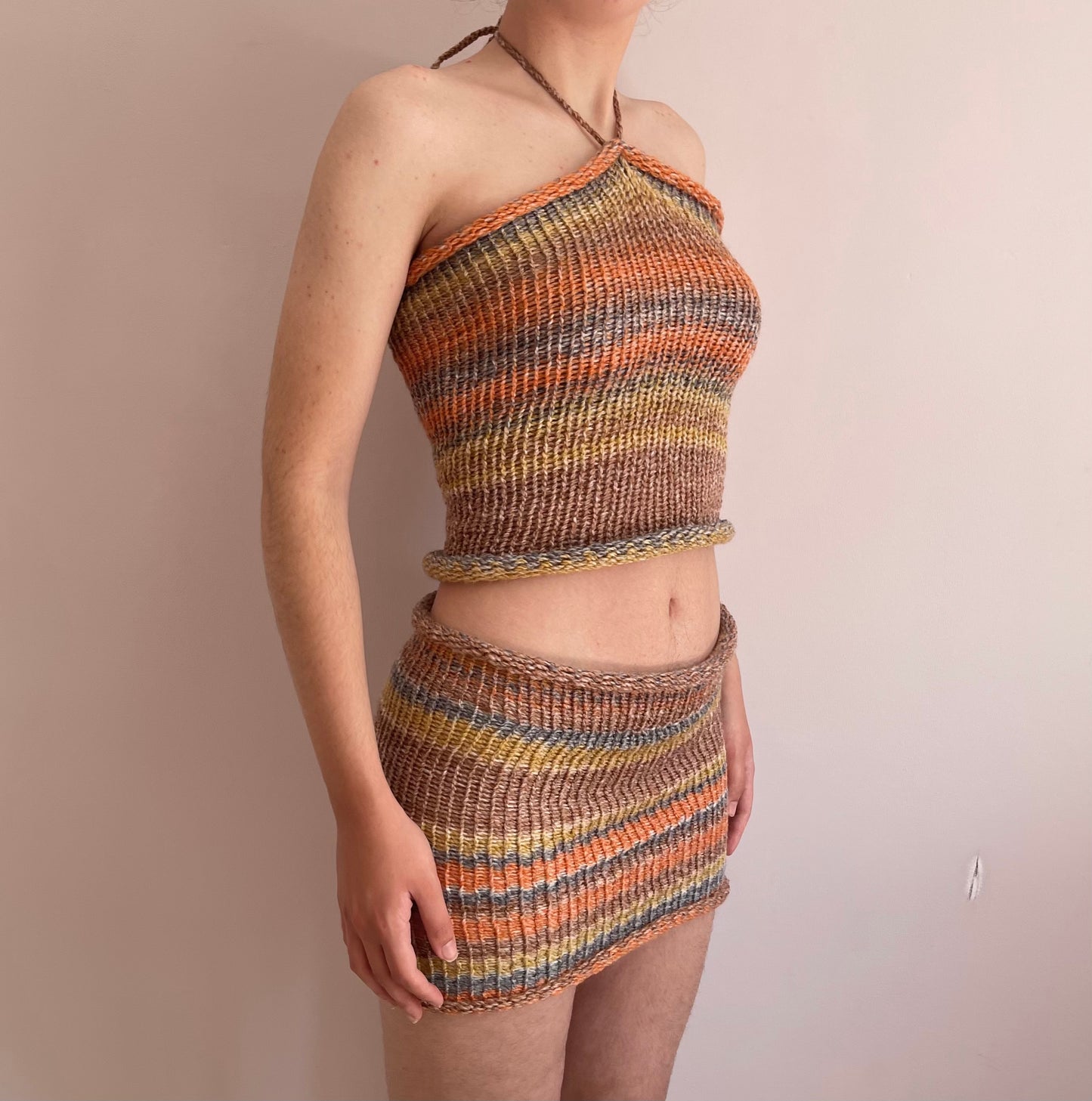 Handmade knitted mini skirt in orange, mustard yellow and grey