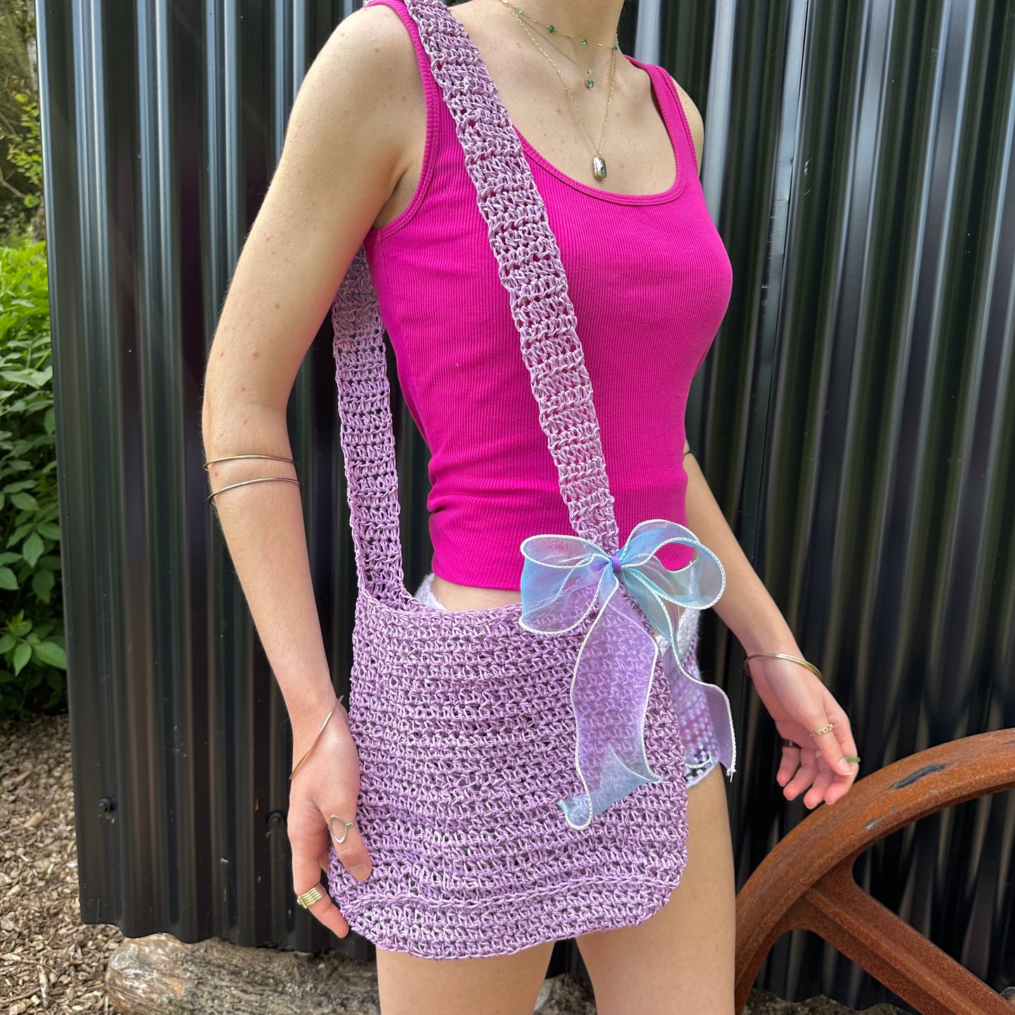 Handmade lilac crochet straw bag with bow - can also be worn crossbody