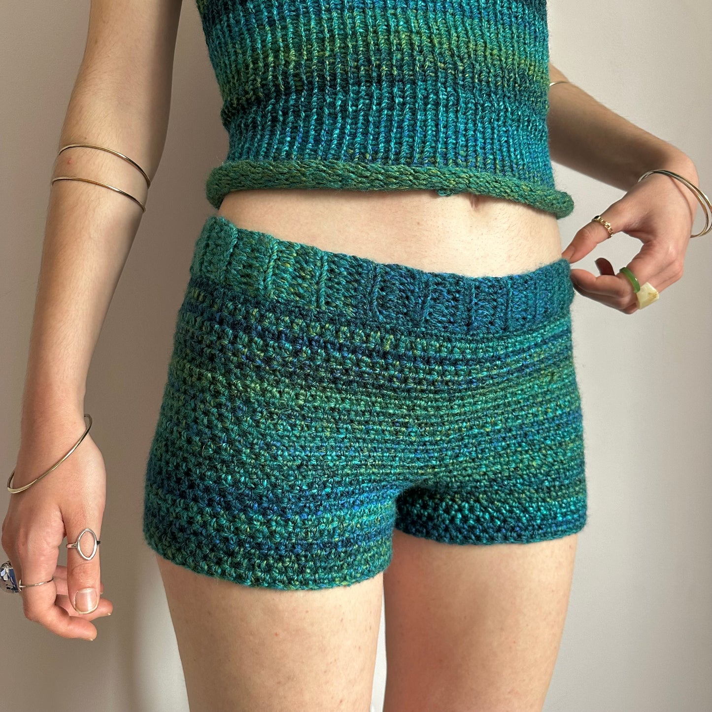 Matching set: green and blue striped crochet shorts and knit bandeau top