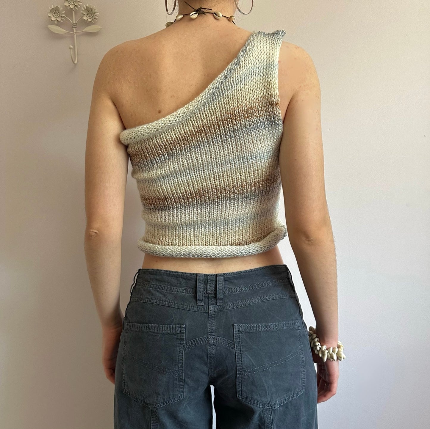 Handmade knitted one shoulder asymmetrical top in cream, baby blue and brown