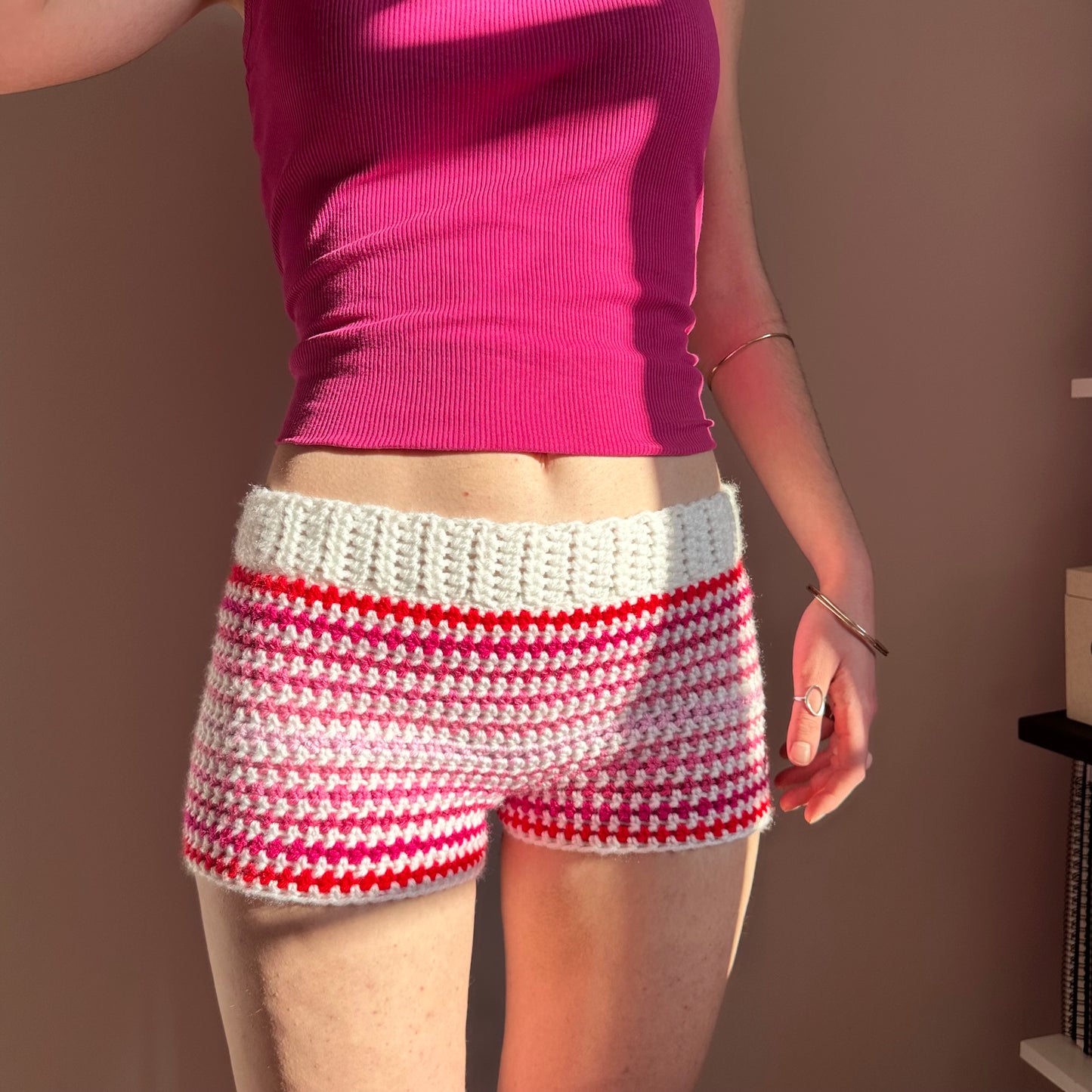 Handmade white and pink ombré striped crochet shorts