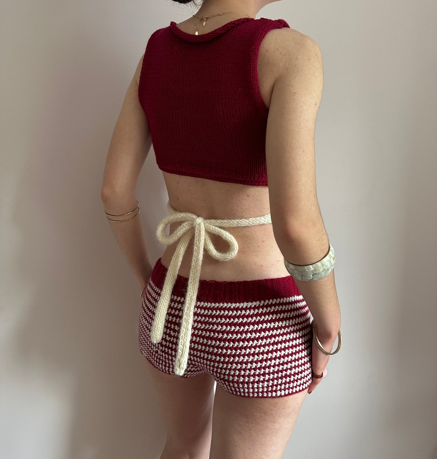 The Cherry Set - matching striped crochet shorts and bow tie up knit vest top