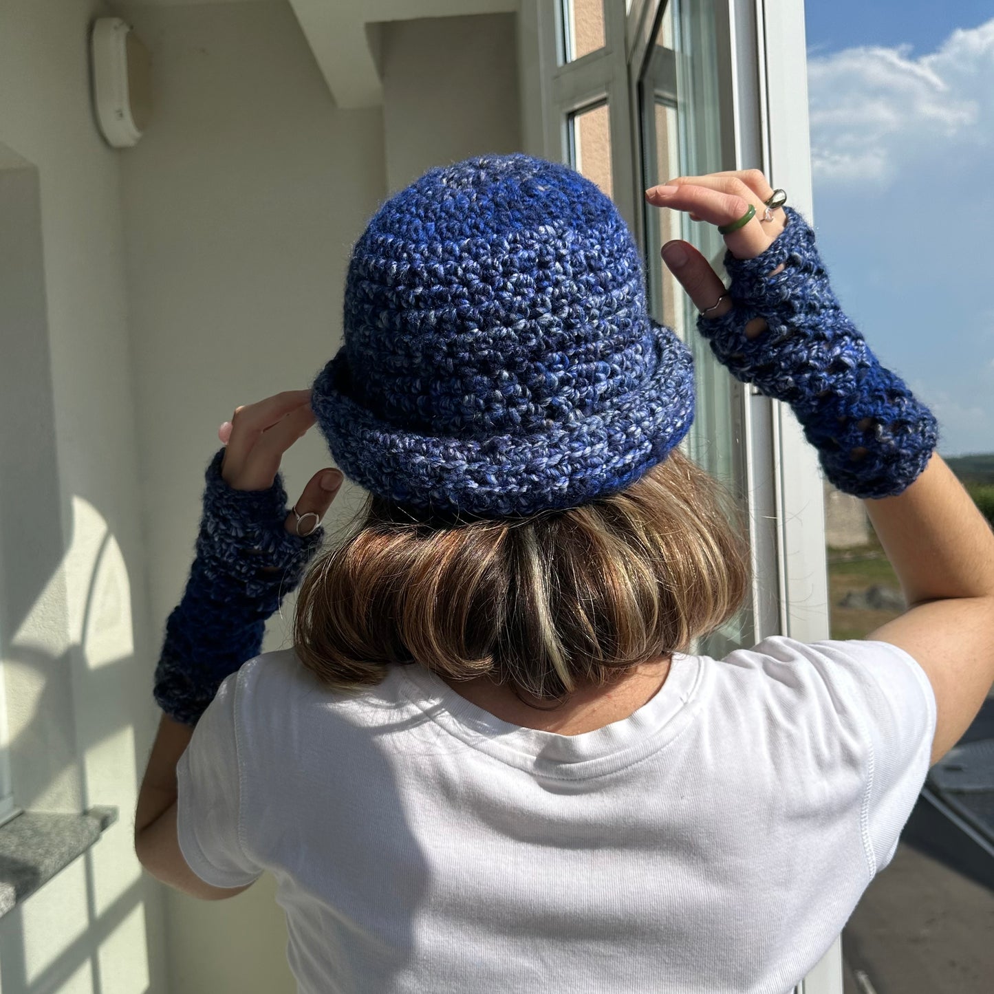 Handmade blue chunky crochet bowler hat