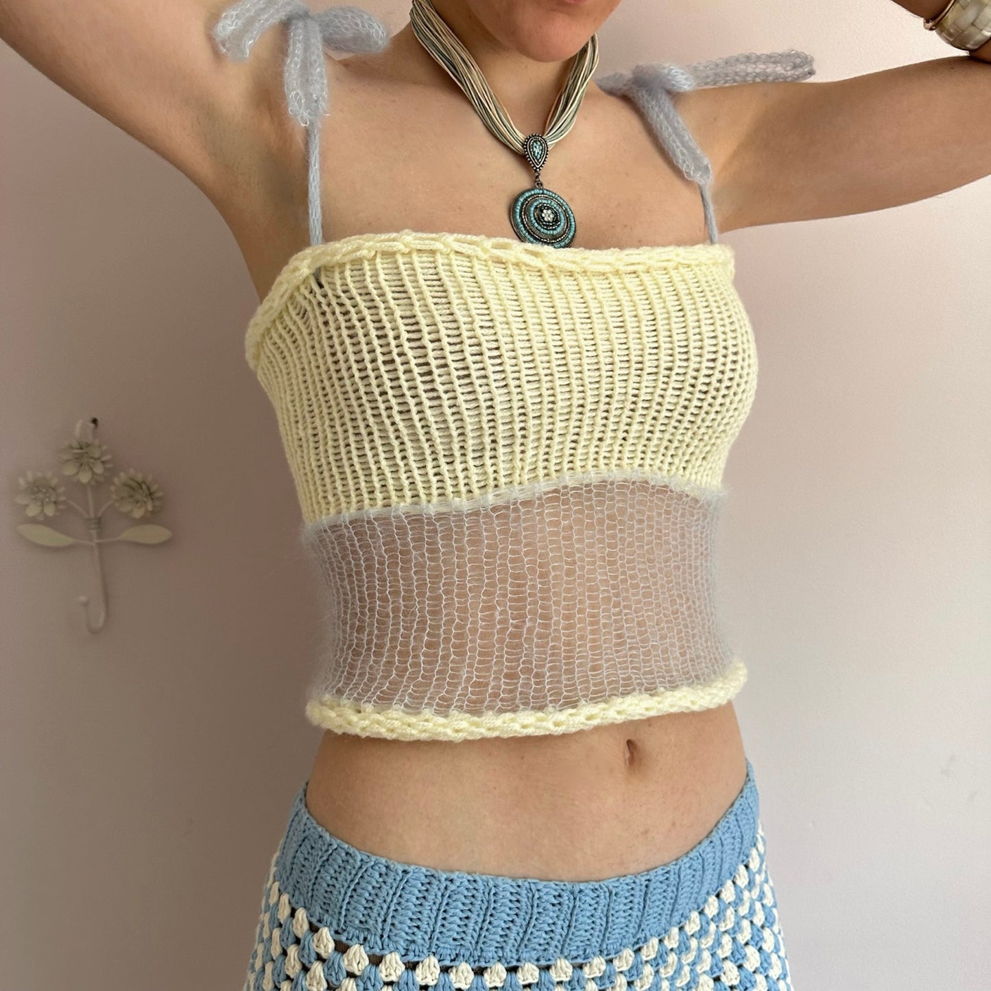 Handmade knitted mohair bow top in cream and baby blue