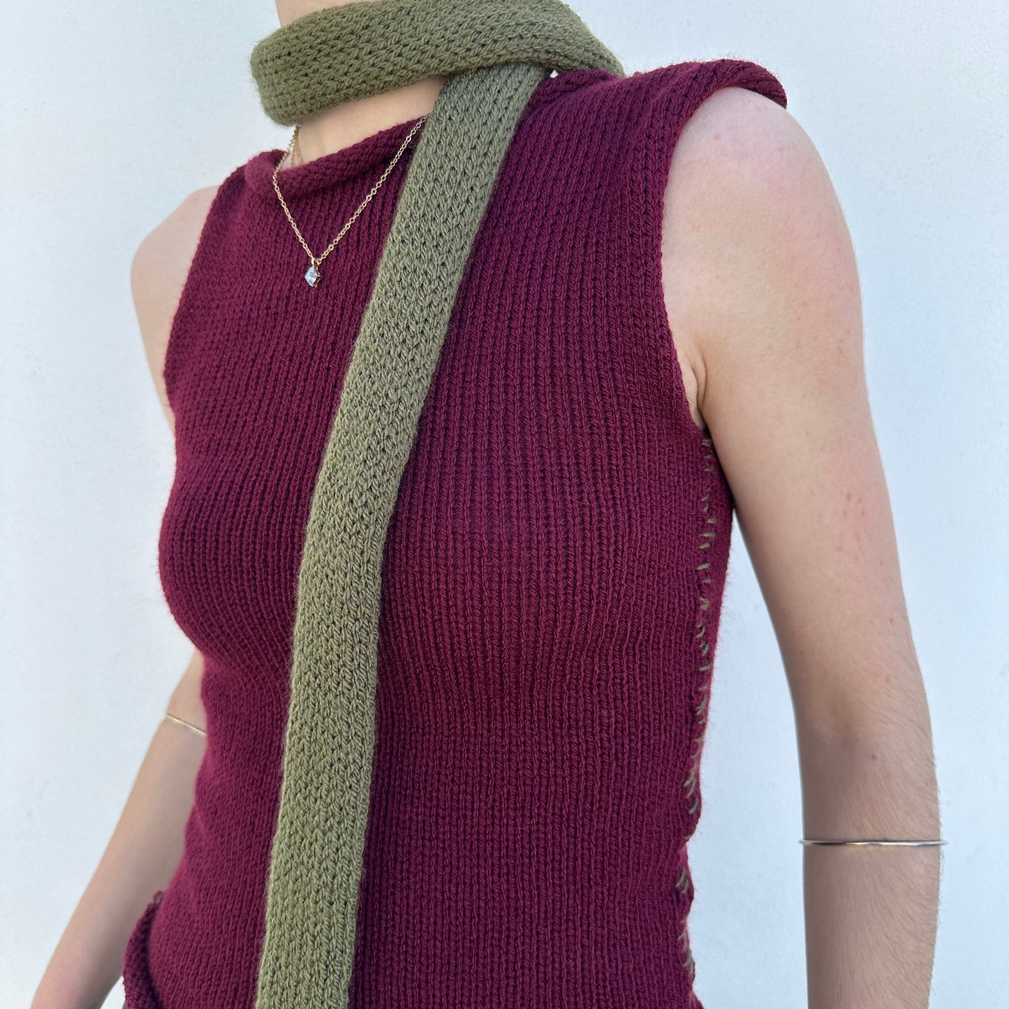 Handmade knitted skinny scarf in khaki green