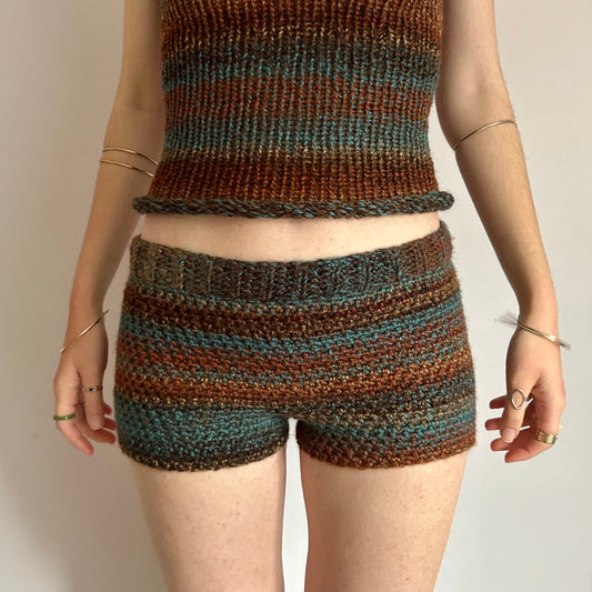 Handmade brown and blue ombré striped crochet shorts