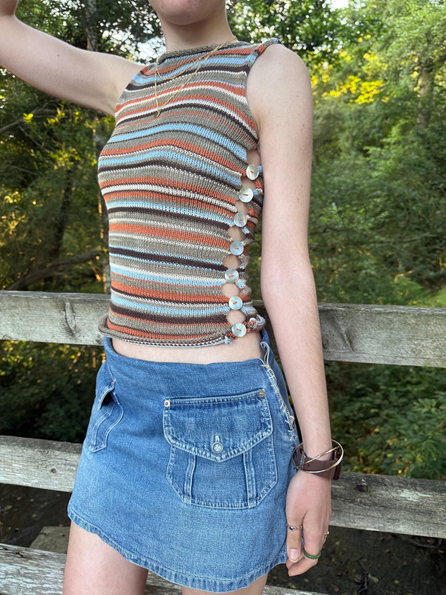 Retro Striped Pearl Vest - handmade knitted vest with mother of pearl buttons