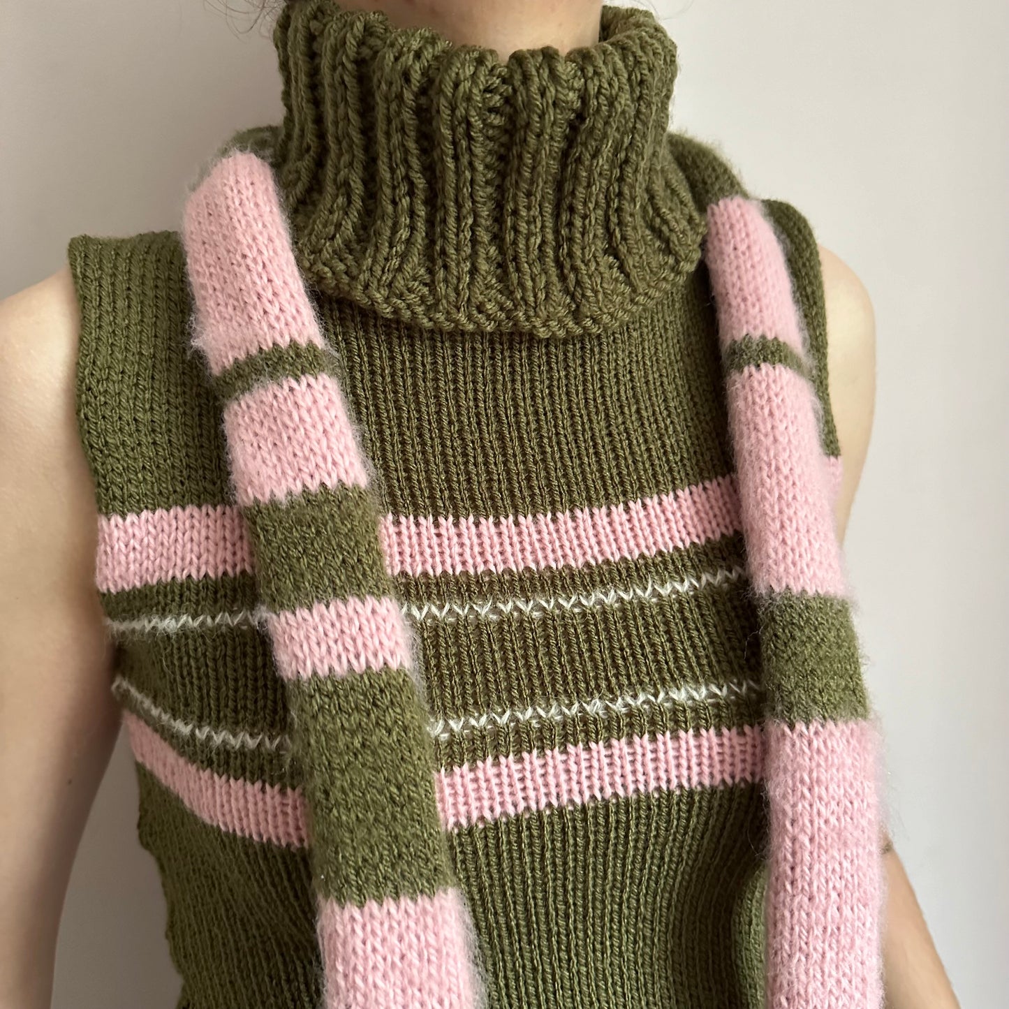 Handmade knitted stripy skinny scarf in dusky pink and khaki green