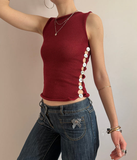 The Pearl Vest in cherry red - handmade knitted vest with mother of pearl buttons