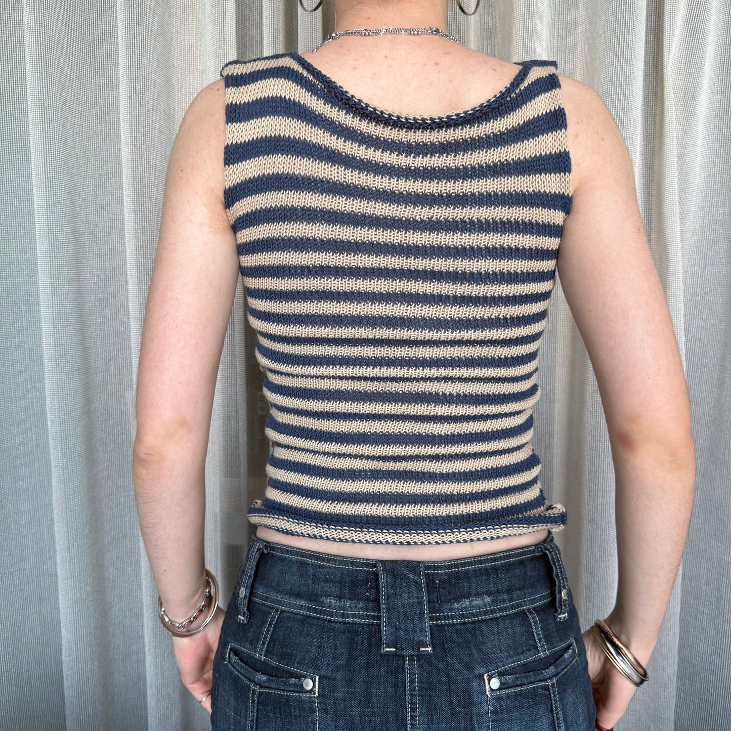Handmade knitted Pearl Vest - navy blue and beige striped