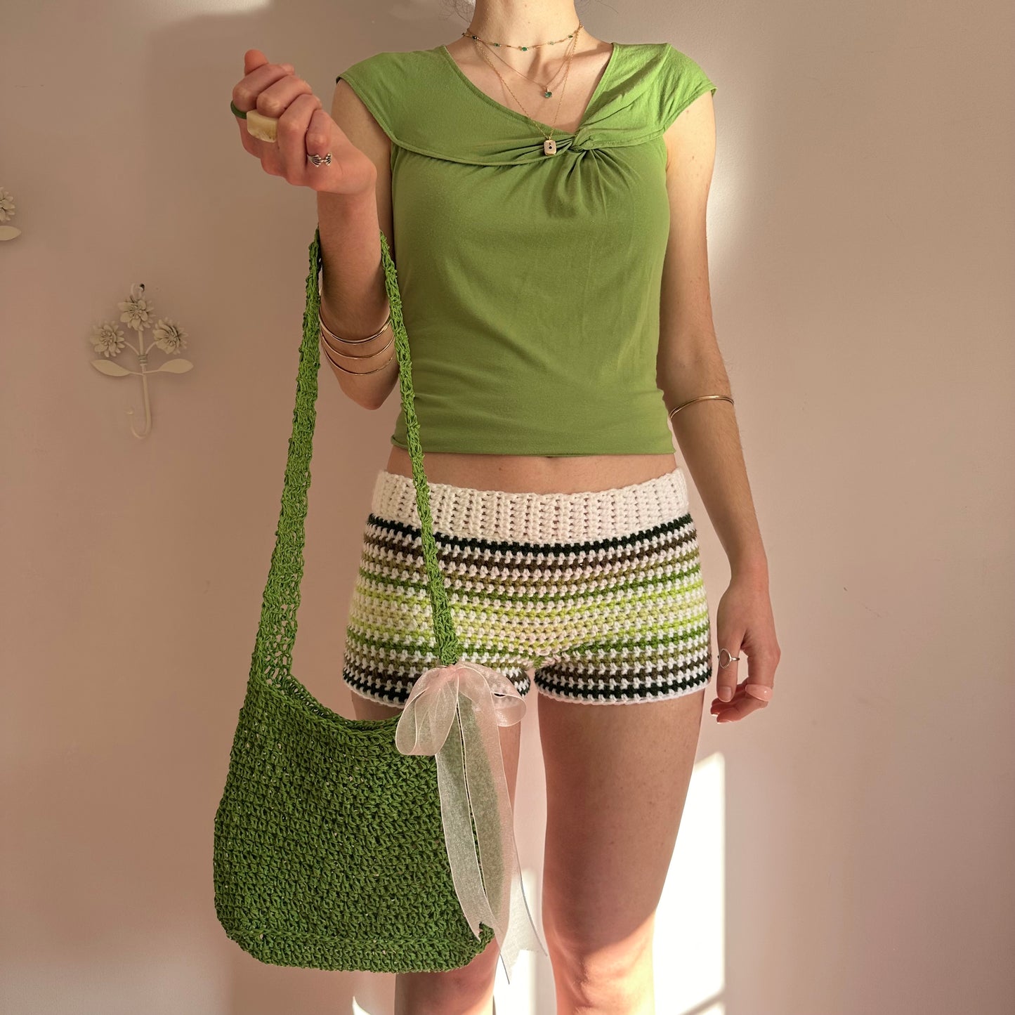 Handmade green crochet straw bag with bow - can also be worn crossbody