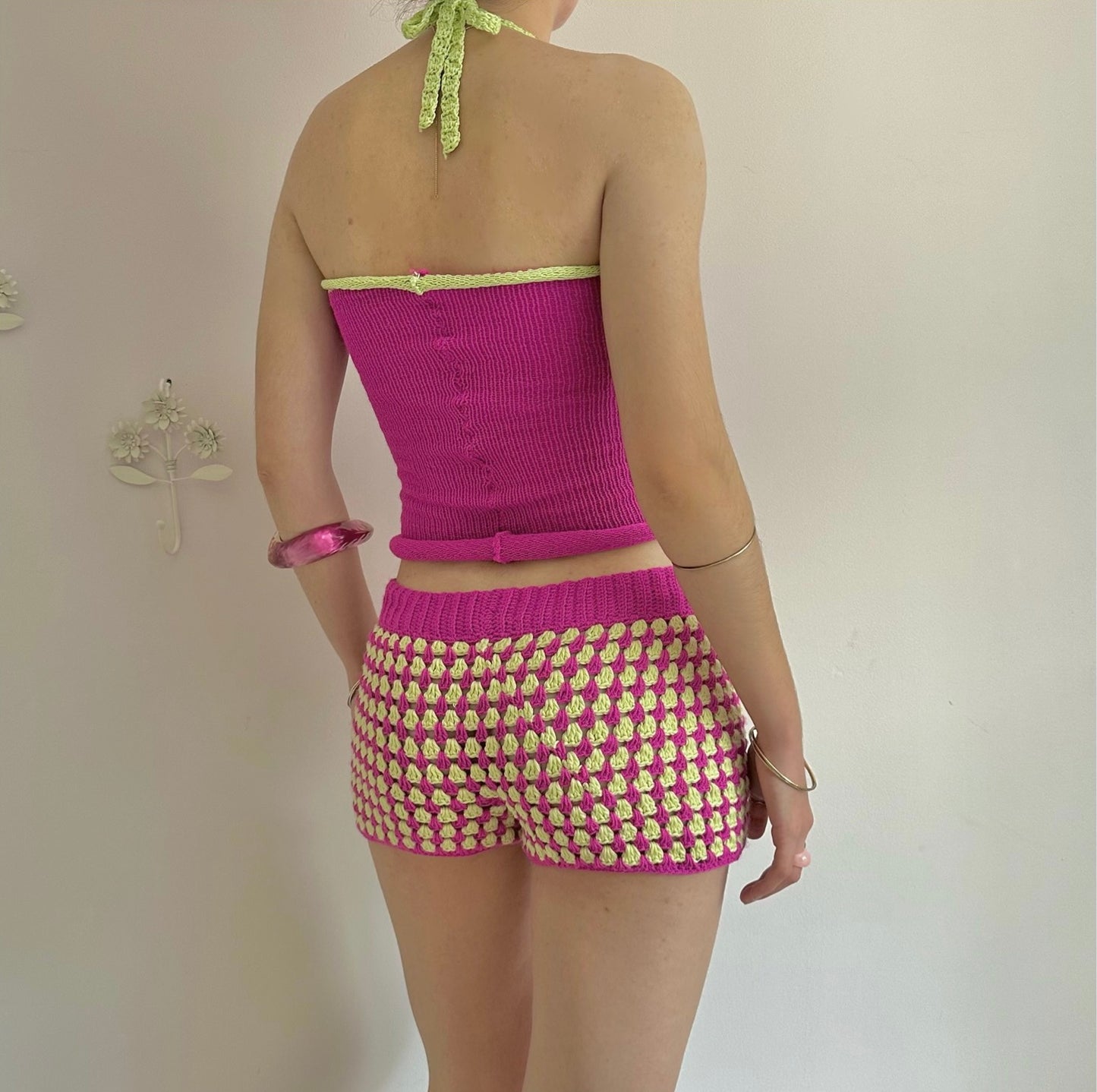 The Pink and Lime Set - matching crochet shorts and knit tank top