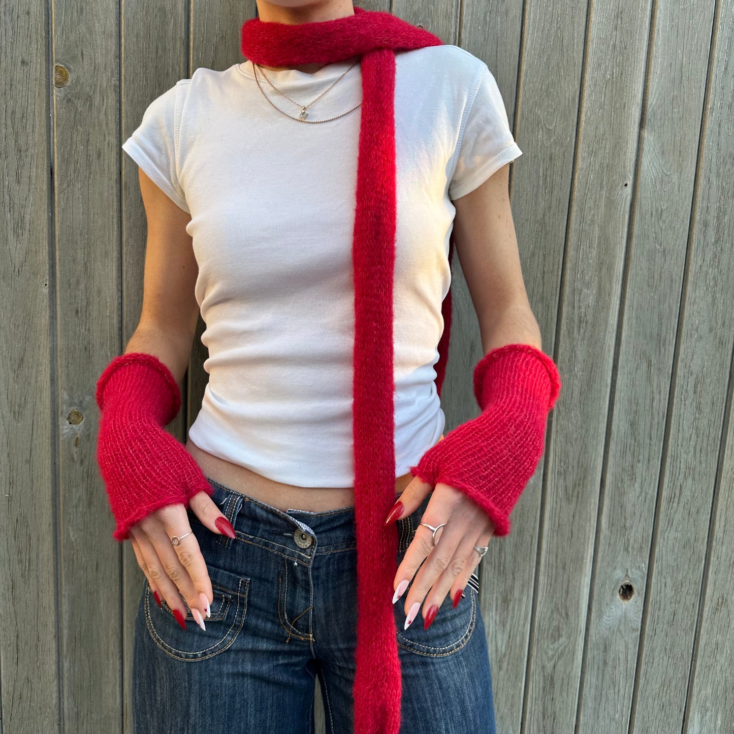 Handmade reversible knitted red mohair hand warmers