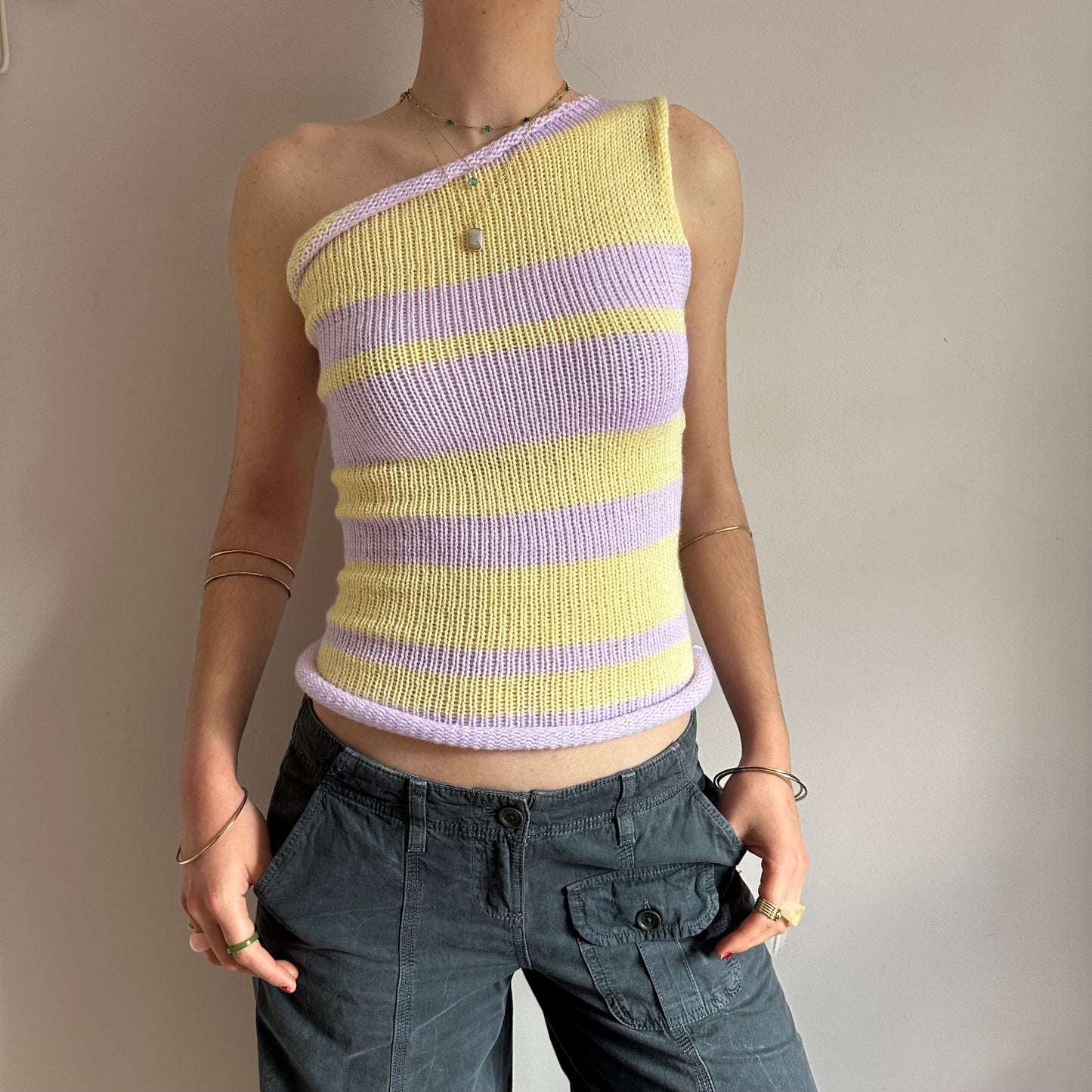 Handmade knitted striped one shoulder top in pastel yellow and lilac