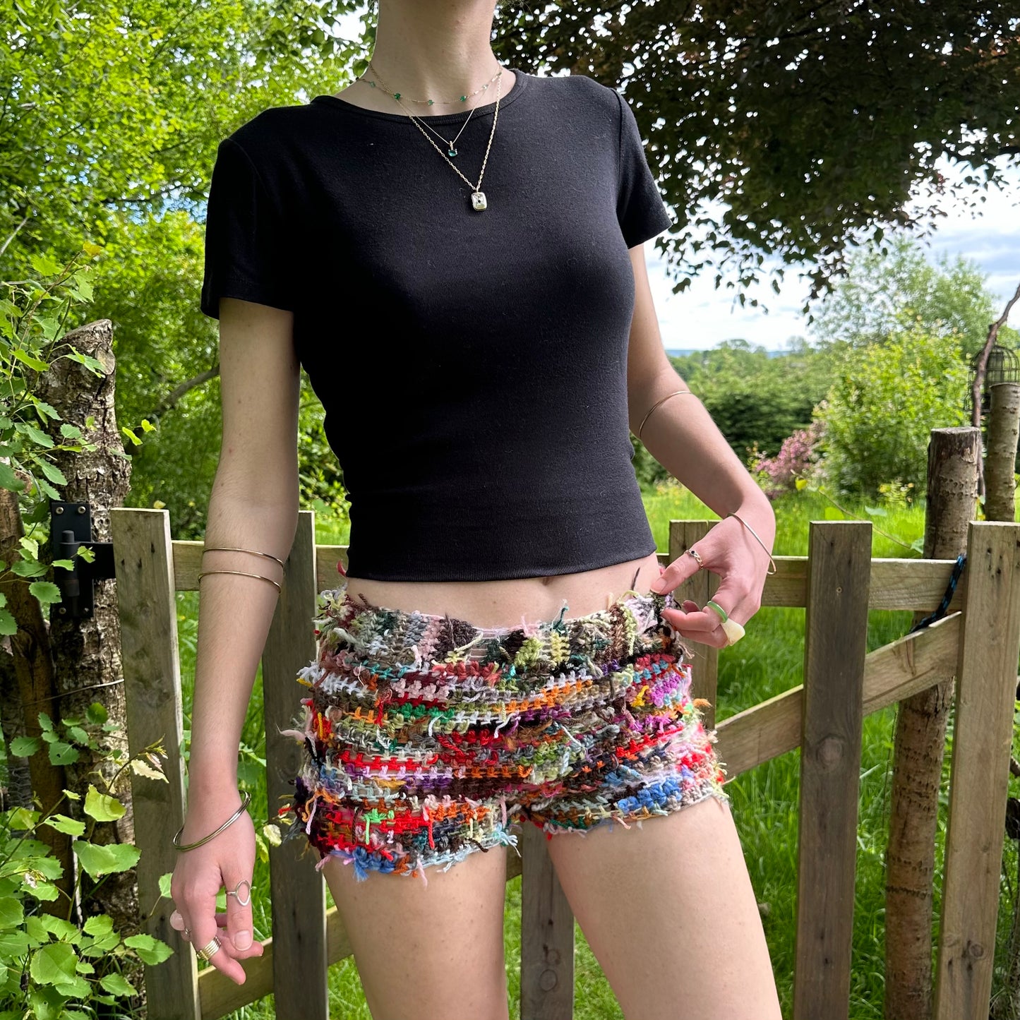 Handmade scrappy crochet shorts - 1 of 1, made of leftover yarn scraps