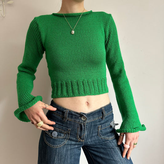 Handmade green ribbed knit jumper with flared sleeves