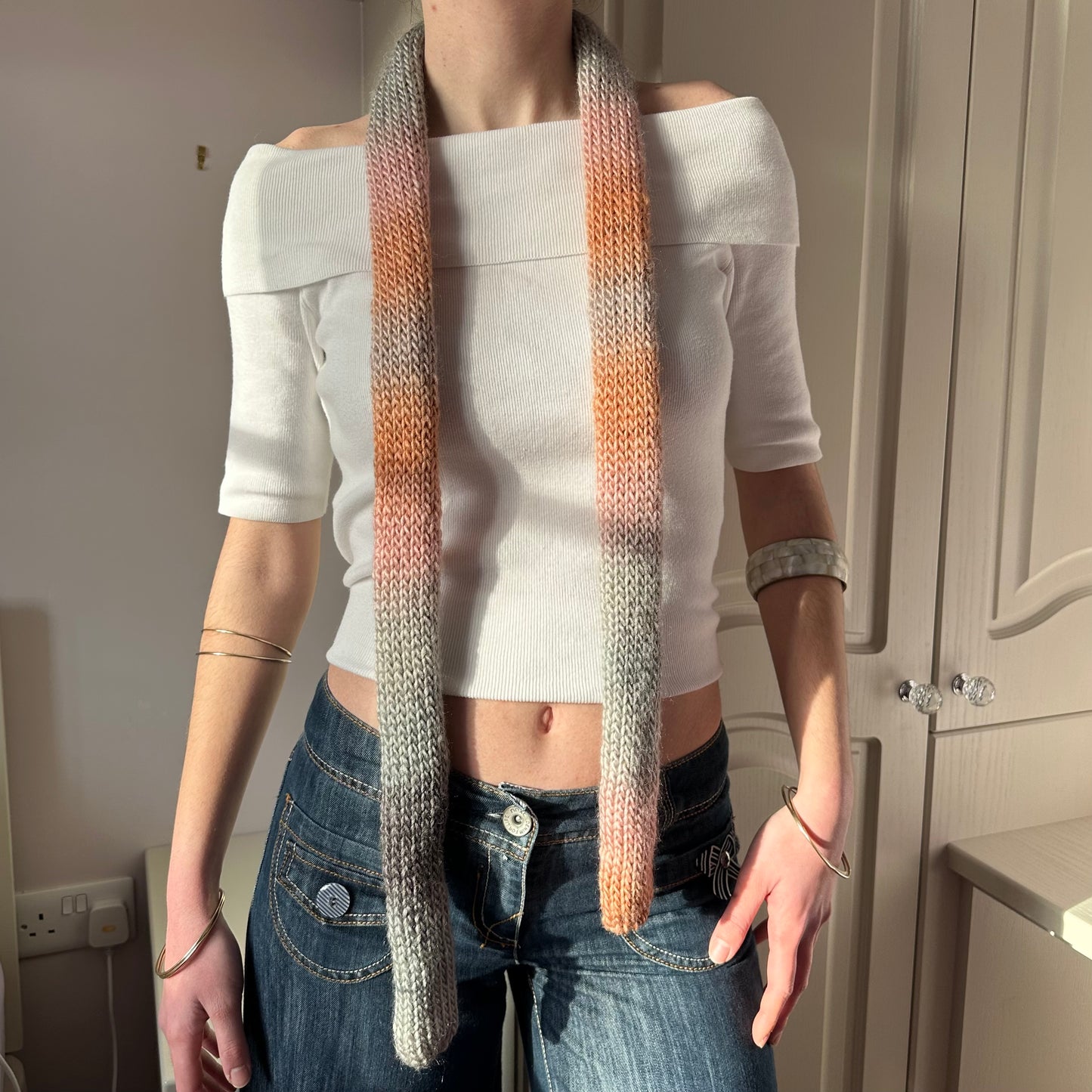 Handmade knitted ombré skinny scarf  in grey and salmon pink