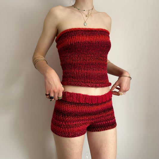 Handmade red ombré striped crochet shorts