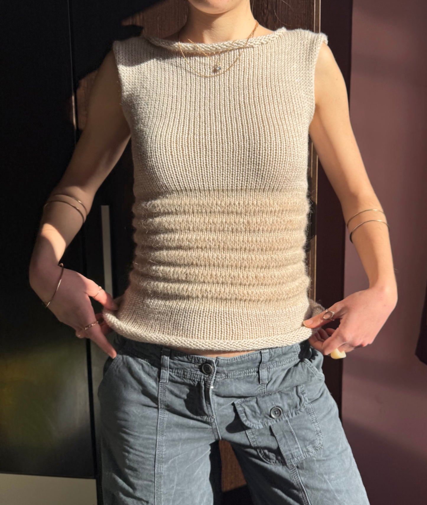 Handmade beige shirred knitted vest - mohair blend