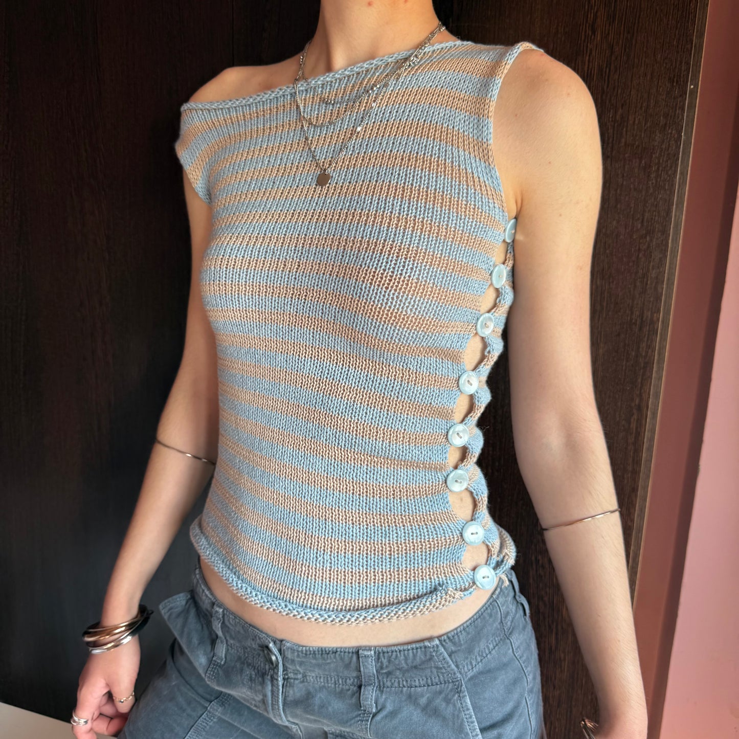 Handmade knitted Pearl Vest - baby blue and beige striped (pre made)