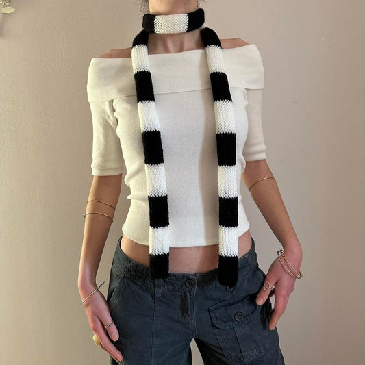 Handmade knitted striped skinny scarf in black and white