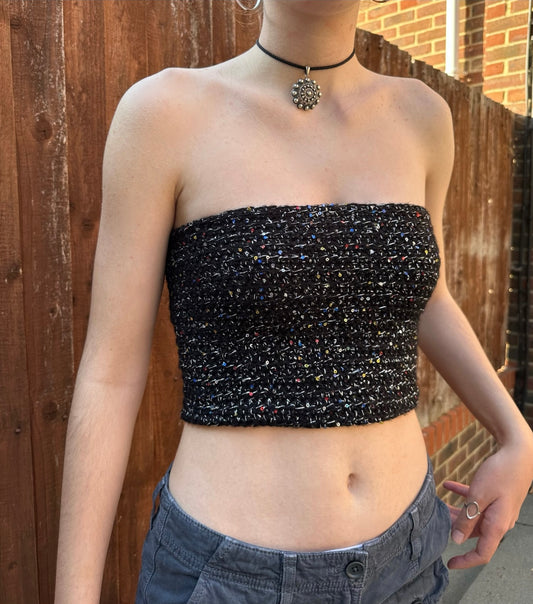 Handmade black crochet sparkly sequin lace up bandeau top