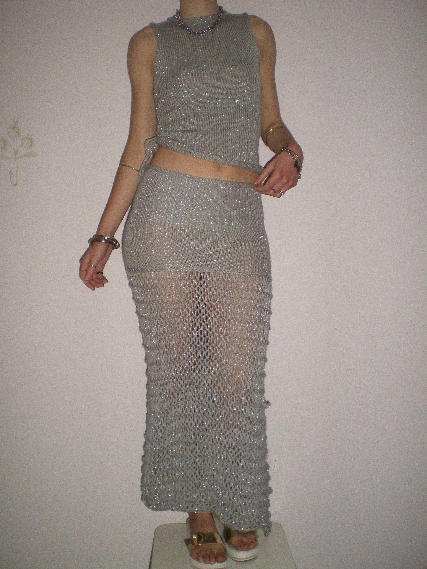 The Chainmail Skirt - handmade silver metallic mesh maxi skirt